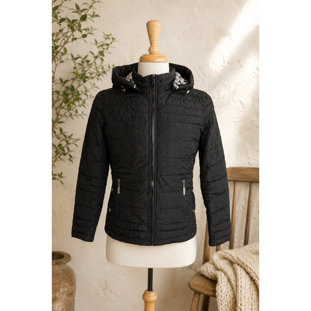 Black Floral Textured Quilted Hooded Jacket Lightweight Puffer Fall Coat M